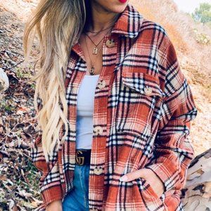 Plaid Button Down Shirt Jacket with Pockets